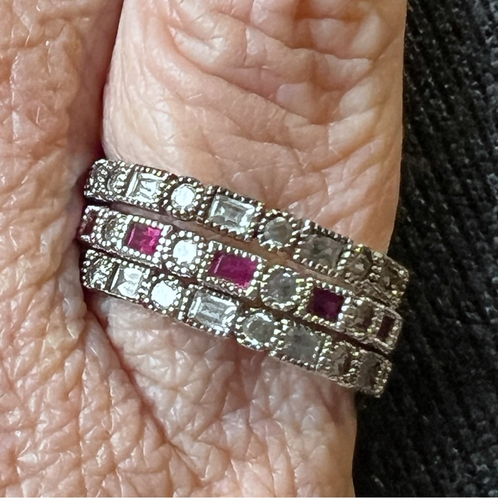 Baguette Dot CZ Diamond Band 925 CZ Ruby Stackable Rings - Picture 3 of 6